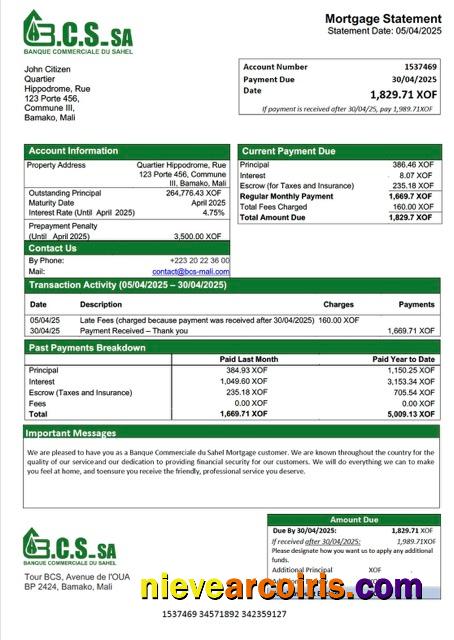Mali Banque Commerciale du Sahel (BCS) mortgage statement Word and PDF template